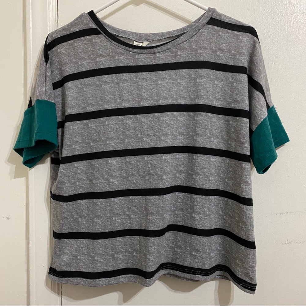Gray Color Block Sleeve Striped Crop Top